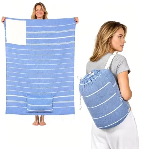 Turkey Tassel Striped Modern Jacquard Summer Travel Beach Towel Backpack Large Size Breathable Quick Dry With a Pillow