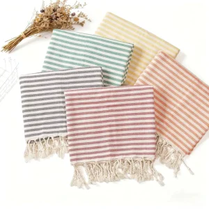 Turkish Custom Design Logo Eco friendly All Season Beach Bath Towel Striped Polyester Cotton Woven Tassel Quick drying