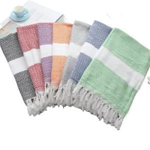 Turkish Tassel Cotton Beach Towel Jacquard Diamond Lattice Design Embroidered Logo Quick-Dry Hypoallergenic