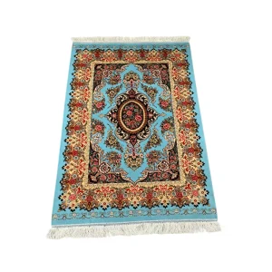 Turquoise Blue Floral Persian Modal Rug 100x150cm Machine Made Surface Hand Knotted Fringes Wall Tapestry Floor Mat
