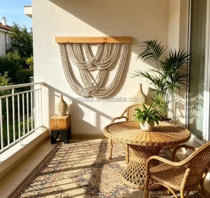 Twisted Rope Tapestry Natural Pine Wood Pole Hollow Wavy Cotton Eco Friendly Living Room Bohemian Style Unisex Woven Wall