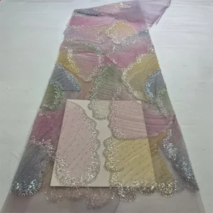 Two Color Bead Mesh Fabric Heavy Duty Embroidery Lace Dress Girls’ Party Wedding Accessory with Printed Pattern
