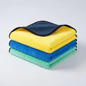 Two Tone Coral Fleece Microfiber Cleaning Cloth Black Stitched Edges Super Absorbent Soft Auto Detailing Car Wash Towel