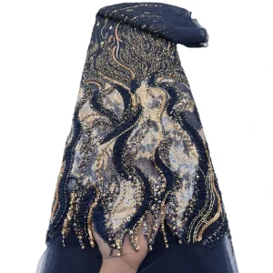 Two tone wave pattern heavy duty bead and sequin embroidered mesh fabric wedding dress and stage gown material