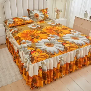US King Queen Soft Touch Sunflower Modern Quality Bed Skirt Set 3pcs Printed 100% Polyester Fitted Bedsheet for Home Hotel