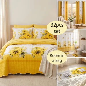 US Local Warehouse Printed Bedspread 32-Piece Room in a Bag Set All-Season Bedding Bath & Curtain Bundle One Package Solution
