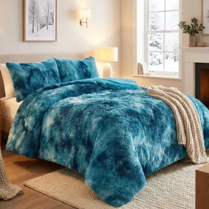 US Warehouse 3PCS Long Plush Faux Fur Comforter Set Tie Dye Teal Thick Warm Bedding Set for Fall Winter Ultra Soft Cozy