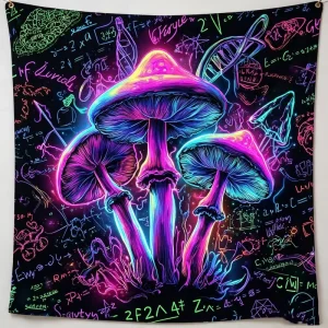 UV Reactive Blacklight Tapestry Trippy Neon Math Formula Magic Mushroom Wall Hanging Psychedelic Fluorescent Glow Tapestry
