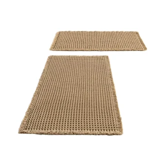 Ultra Soft Bath Mats Set 2 Non Slip Super Absorbent Waffle Design Boho Style Polyester Carpet Rubber Backed Shower Mats for Home