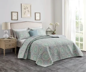 Ultra Soft Cooling Quilt Set Brushed Fabric With Geometric Floral Bedding Scalloped Edges OEKO TEX Certified For Homes