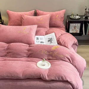 Ultra Soft Crystal Velvet Bedding Set 4 Pieces Simple Embroidered Duvet Cover Set for Home Bedroom Hotel