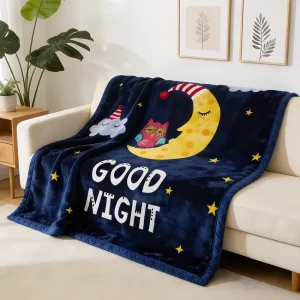 Ultra Soft Cute Cartoon Raschel Blanket 100% Polyester Knitted Heavy Plush Bed Blanket for Kids with Goodnight Moon Pattern