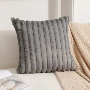 Ultra Soft Faux Rabbit Fur Throw Pillow Cover Striped Velvet Cushion Case Decorative Pillow for Sofa Couch Living Room