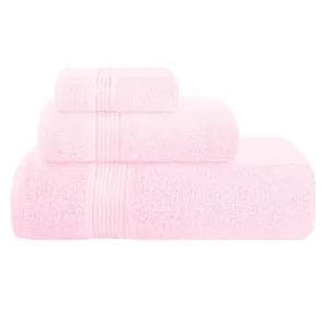 Ultra Soft Luxury Hotel 3 Piece Cotton Towel Set Bordered Design Adult Use Compact Lightweight Pink Bath Hand Towels