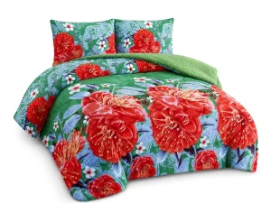 Ultra Soft Luxury Modern All Season Winter Warm Navy Green Plant Printed Knitted 3pc Flannel Sherpa Comforter Set