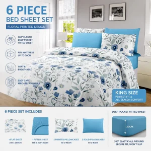 Ultra Soft Microfiber 6 Piece Floral Bed Sheet Set King Size with 360° Elastic Deep Pocket Fitted Sheet 4 Pillowcases
