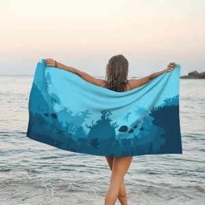 Underwater Marine Life Print Polyester Beach Towel Customized Colors Quick Dry Absorbent Large Towel for Seaside Pool Vacation