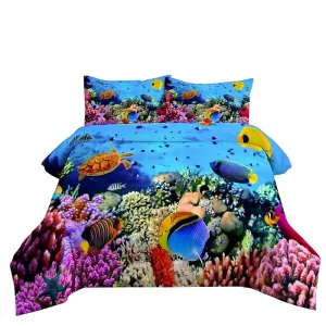 Underwater World Animal Feather Soft Quilted Synthetic Fiber Customizable 3 Piece Duvet Bedding Set Digital Print