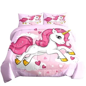 Unicorn Pink Feather Fiber Duvet Cover Three Piece Set Customizable Digital Printed Soft Quilt Set