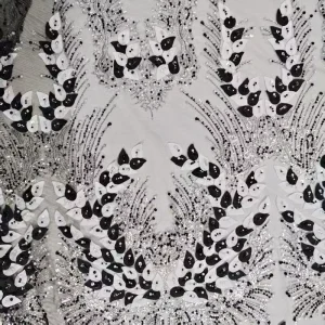 Unique Black & White Leaf 3D Applique Sequin Lace Fabric Handmade Embroidery Mesh for Creative Designer Wedding Gowns