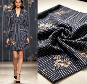Unique Striped Fabric Paired with Sequin and Bugle Bead Embroidery Stylish and High end