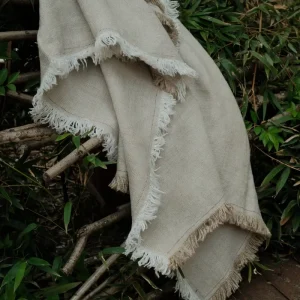 Unique Yarn Dye Dual toned Natural Oatmeal Linen Throw with a Delicate Fringe Trim