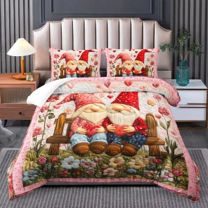 Valentine Couple Gnome Quilt Set Rustic Farmhouse Dwarf Elf Bed Soft Microfiber Comforter Set