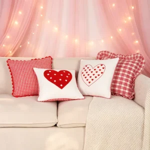 Valentine’s Day Embroidered Heart Cushion Cover Pillow Cover with Plaid Trim Heart Throw Pillow Cover Plaid Cushion Cover