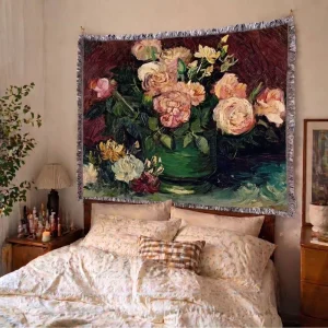 Van Gogh Rose Peony Oil Painting Floral Polyester Cotton Tapestry Sofa Blanket Multi Functional Bed Covering Towel Machine