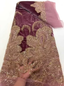 Velvet Beaded Net Lace Fabric 100% Polyester Eco Friendly Embroidered Warp Knitted Sequins for Beauty Party Dresses