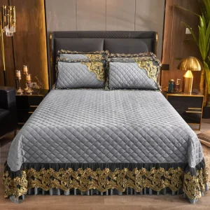 Velvet Bed Spread Ruffled Bed Skirt Cover Luxury Lace Embroidery Home Queen Size 3pcs Bedding Set