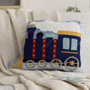 Velvet Embroidered Square Linen Throw Pillow with Train Pattern Contemporary Style Customizable Home Decor Pillowcase