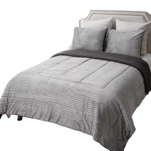 Velvet Queen King Size Alternative Reversible Striped Flannel Bedding Set Plush Double-Side Quilting Sherpa Comforter Quilt Set