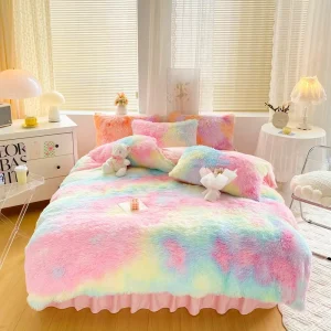 Velvet Quilted Bed Skirts Colorful Fluffy Bedding Set Fluffy Luxury Bedding Sets