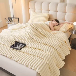 Vertical Ribbed Fuzzy Plush Throw Blanket Solid Color Super Soft Warm Air Conditioning Nap Blanket Sofa Bed Flannel Blanket