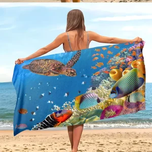 Vibrant Coral Reef Beach Towel Tropical Marine Life Graphic Print for Summer Vacation Snorkeling & Ocean Lovers
