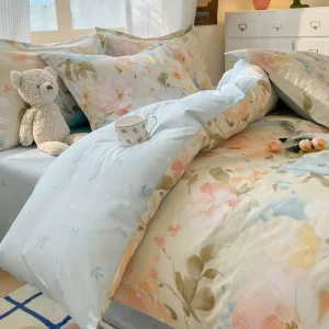 Vibrant Floral Print 4 Piece Bedding Set 100% Cotton Breathable & Soft Duvet Cover Set