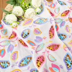 Vibrant Multicolor Leaf Cutwork Embroidered Organza Fabric Sheer Tulle Mesh Lace Fabric for Dress Wedding Bridal & DIY Crafts