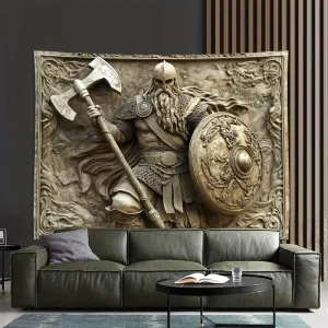 Viking Norse Mythology Tapestry Warrior Axe Dragon Battle Stormy Ocean Digital Print Wall Hanging Tapestry Decor for Home Office