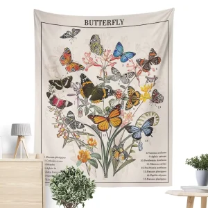 Vintage Butterfly Vertical Floral Plant Tapestry Wall Hanging for Bedroom Dorm Living Room