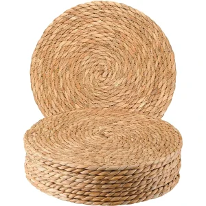 Vintage Classic 40CM Natural Straw Sea Grass Cattail Round Woven Place Mats Handmade Glass Placemats for Household Use
