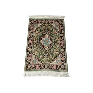 Vintage Dark Green Oriental Diamond Medallion Area Rug 60*90cm Dense Floral Scroll Pattern Machine Woven Modal Silk Carpet