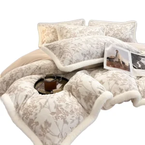 Vintage Embossed Flower Milk Velvet Bed Set Double-Sided Soft Heat Retention Rabbit Fur Edge Plush Duvet Cover Kit