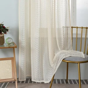 Vintage Fashion Embroidery Lace Window Screens Beige Finished Hollow Out Sheer Curtain