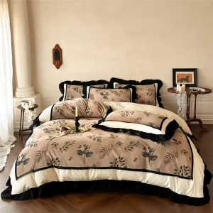 Vintage Floral Milk Velvet 4 Piece Bedding Set Thick Warm Lock Temperature Ruffle Trim Duvet Cover for Autumn Winter