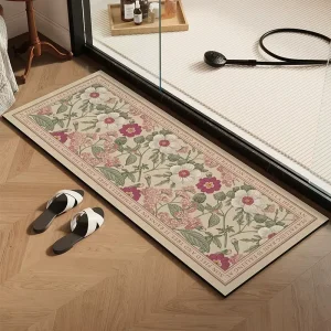 Vintage Floral Non Slip Bath Mat High Absorbency Fast Drying Low Profile Rug for Bathroom Entrance Shower Toilet