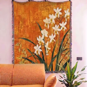 Vintage Floral Orchid Art Retro Polyester Cotton Machine Washable Multi-Function Sofa Blanket Tapestry Bed Cover