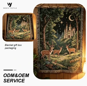 Vintage Forest Deer Castle Woven Tapestry Retro Jacquard Throw Blanket with Fringe Magical Moonlit Night Wall Hanging