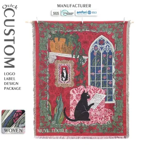 Vintage Gothic Cat Tapestry Wall Hanging Custom Design Jacquard Woven Eco Friendly Anti Pilling All Season Decorative Blanket