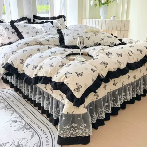 Vintage Hepburn Style Washed Cotton Bedding Set Black Lace Ruffle Bed Cover Quilt Duvet Cover 3 4 Pcs Bed Sheet Set